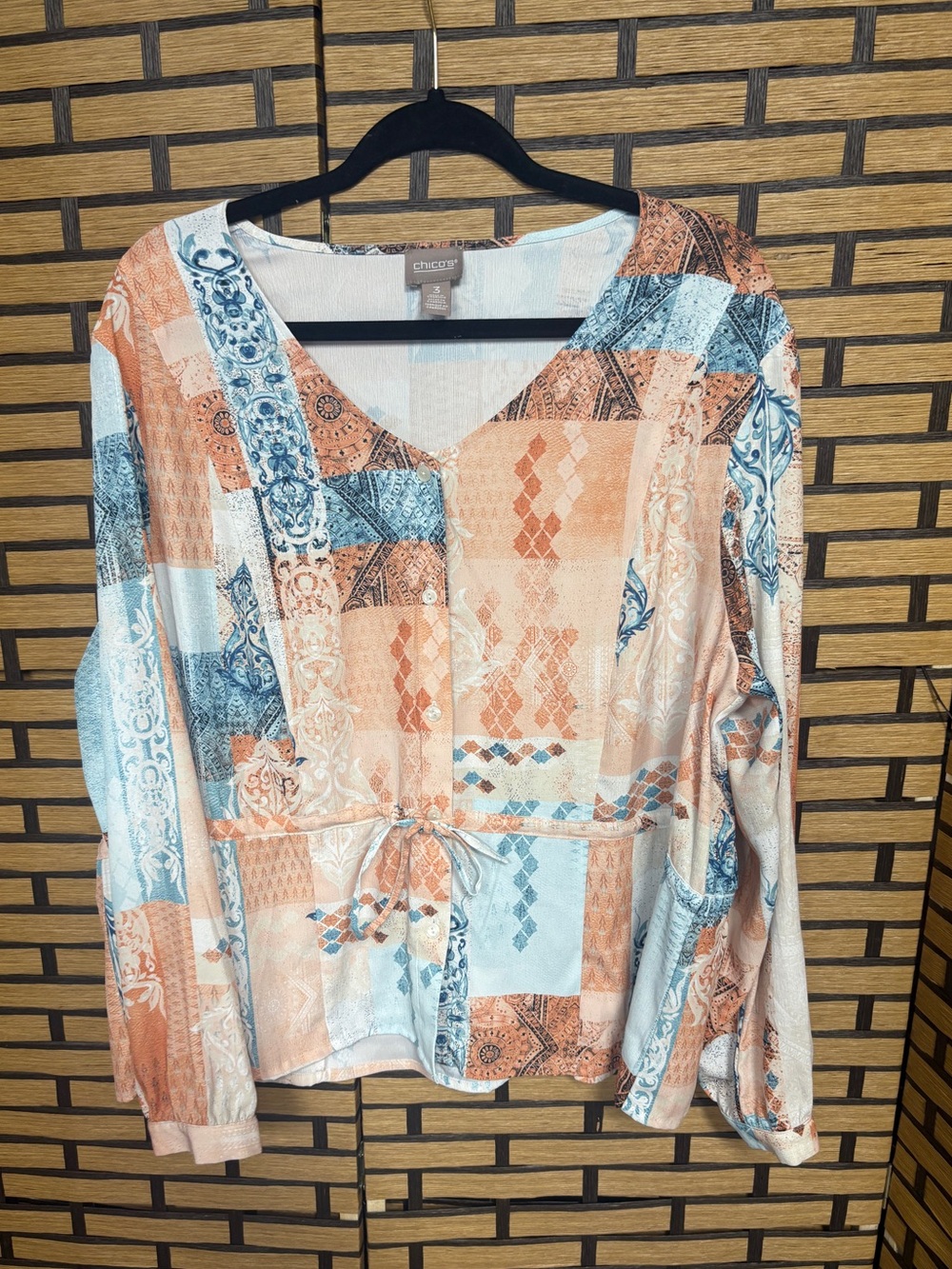 Chicos patchwork tie waist top size 3 (XL)